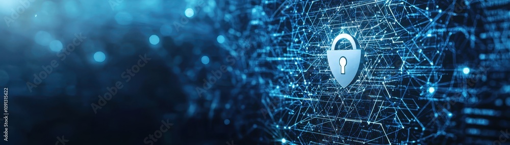 Poster a digital security illustration featuring a padlock symbol amidst a network of data connections, emp
