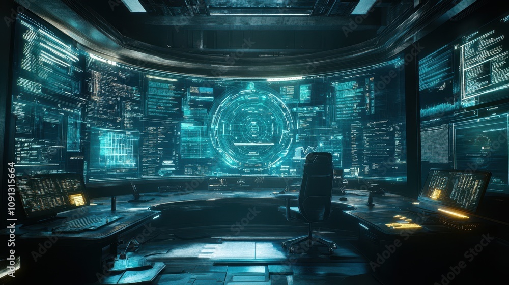 Poster a computer room with a large monitor and a chair