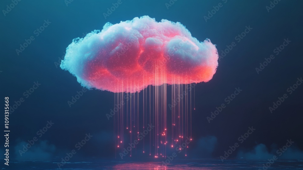 Aufkleber a vibrant cloud hangs in a dark blue void, releasing streams of glowing droplets that shimmer as the