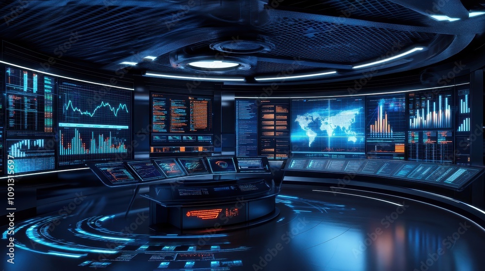 Aufkleber a computer room with many monitors and a large screen