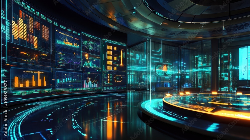 Poster a futuristic room with a large screen displaying a variety of data and numbers