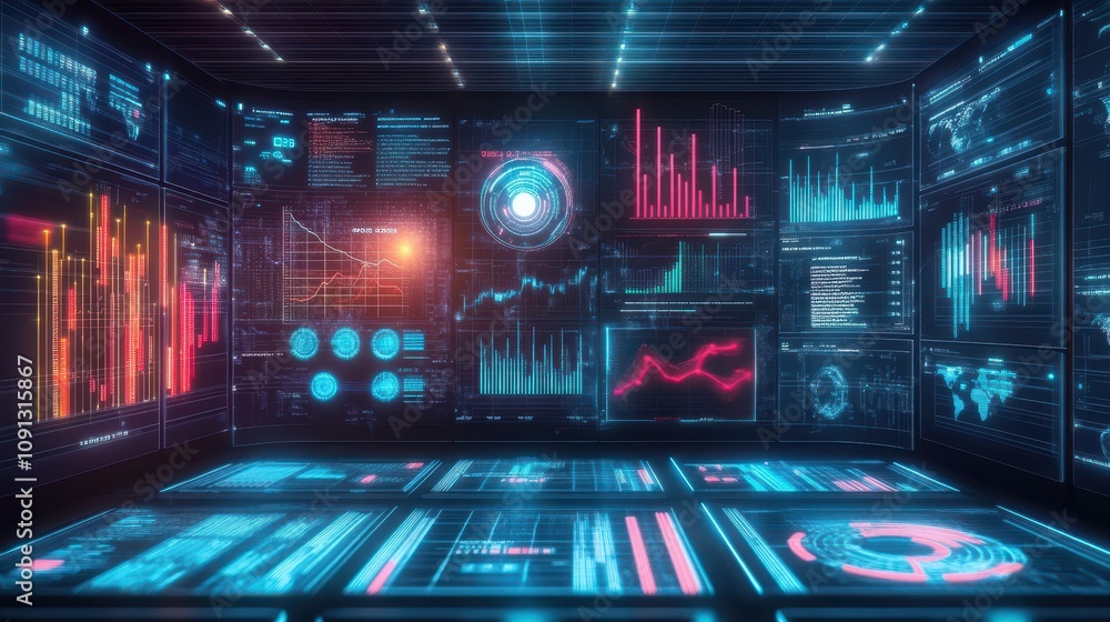 Poster a computer monitor displays a number of graphs and charts