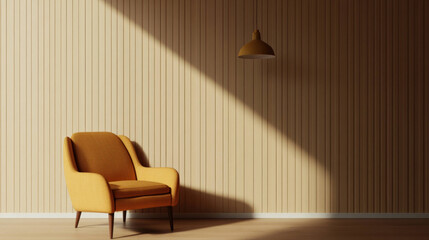 Fototapeta premium Cozy mid century chair with warm lighting and wooden wall