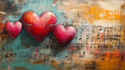 Three red hearts painted on a textured canvas with music notes.
