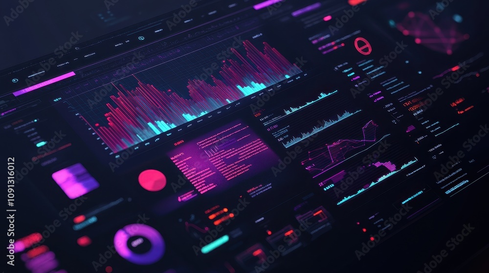 Poster a computer screen with a lot of red and purple lines and numbers