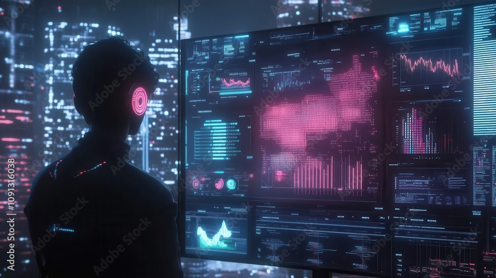 Poster a man is looking at a computer monitor with a red screen