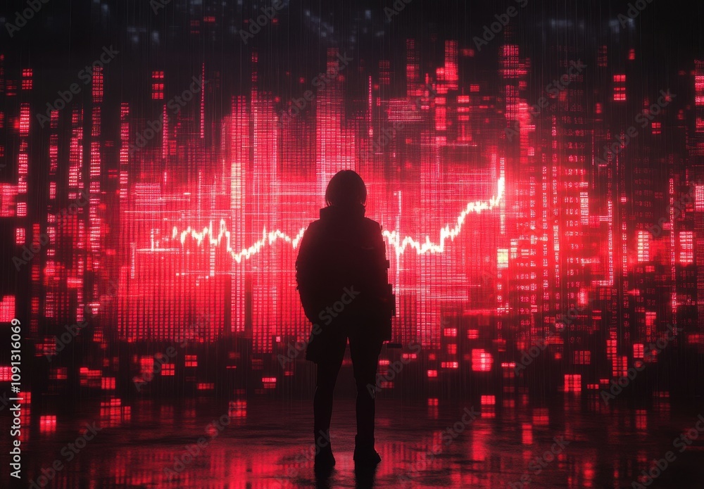 Poster silhouette of person against vibrant red data visualization background with graph lines representing