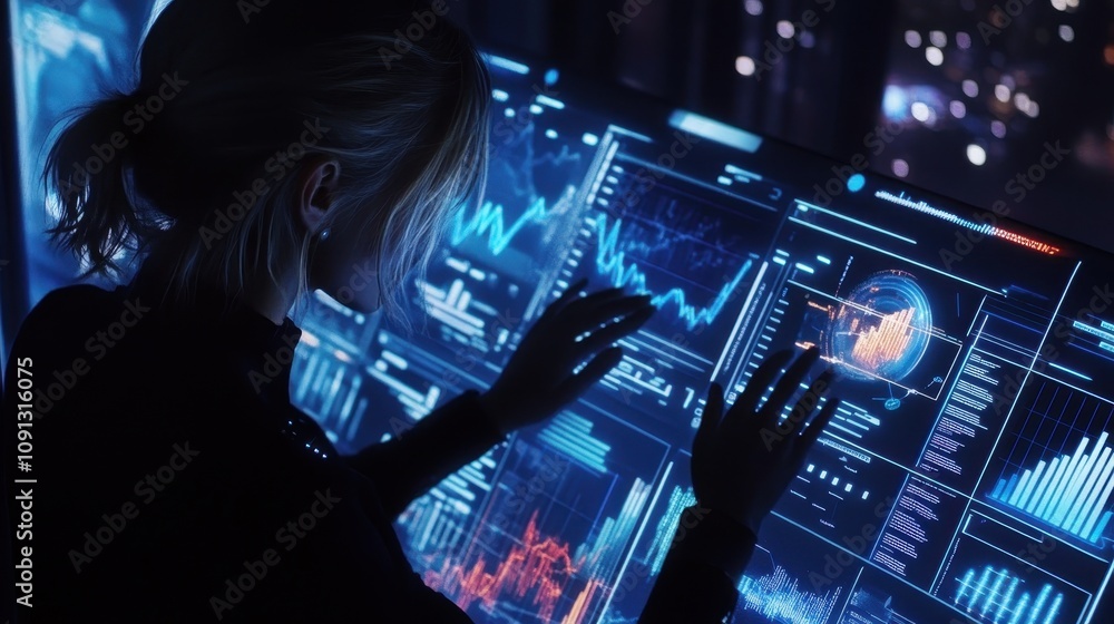 Aufkleber a woman is looking at a computer screen with a lot of numbers and graphs