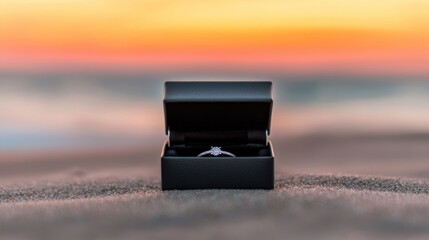 A ring box on the beach at sunset, symbolizing love and proposals, with soft waves in the background.