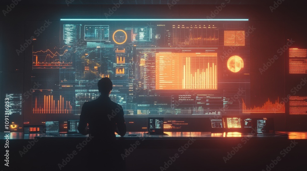Poster a man is looking at a computer monitor with a lot of numbers and graphs