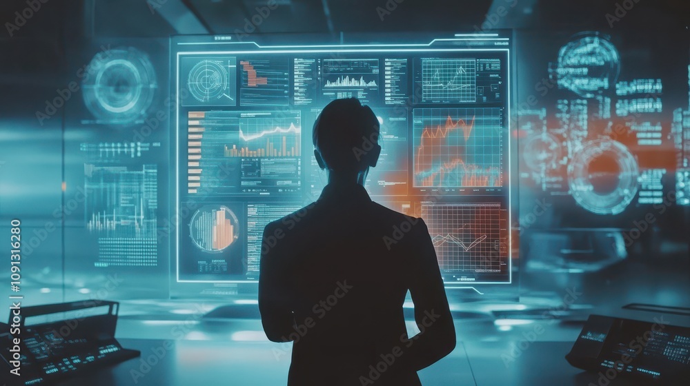 Poster a man is looking at a computer screen with a lot of numbers and graphs