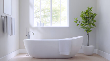 Fototapeta premium Modern bathroom with freestanding tub and indoor plant