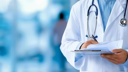 A healthcare professional wearing a stethoscope in a medical environment, focusing on patient care with a background of blurred medical imagery, promoting health awareness and support.