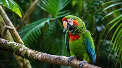 Naklejka premium Vibrant Parrot Perched Amidst Tropical Rainforest Foliage in Stunning Colors