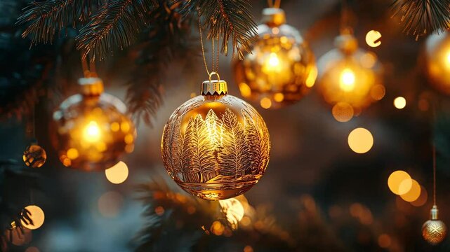 Glowing golden tree ornaments with detailed engravings, hanging from a tree surrounded by soft, warm lights. 4K Video