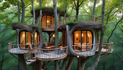 Treehouse design with modern architecture in lush forest setting