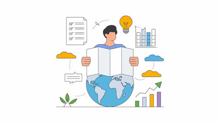 A person holding a map while surrounded by icons representing customer needs, such as a checklist, a light bulb, and a growth chart with an upward arrow.