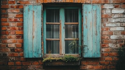 A rustic brick building with cracked mortar and faded paint on its wooden windowsills.