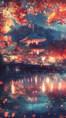 Obraz premium A picturesque night scene of the autumn leaves at Kiyomizudera National Park, with reflections on a tranquil pond and illuminated pagodas in red hues