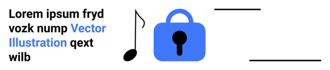 Musical note beside blue padlock icon symbolizes secure music content. Lorem ipsum text placeholder. Ideal for music streaming services, digital rights management, online security, app development