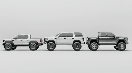 Fototapeta premium A side view of a sedan, SUV, and truck, each with their respective tires placed in front of them.