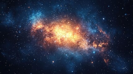 Obraz premium A vibrant and expansive cosmic scene showcasing a massive star cluster surrounded by a backdrop of deep space, featuring brilliant orange and blue hues interspersed with distant stars.