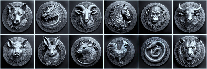 set of silver round chinese zodiac signs with animals, isolated, china astrology concept 