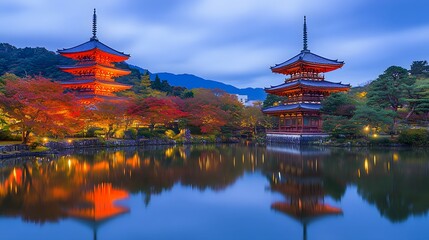 Naklejka premium A picturesque night scene of the autumn leaves at Kiyomizudera National Park, with reflections on a tranquil pond and illuminated pagodas in red hues