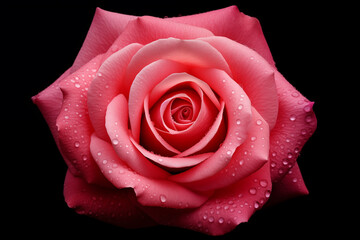 Pink rose in water drops on a black background.