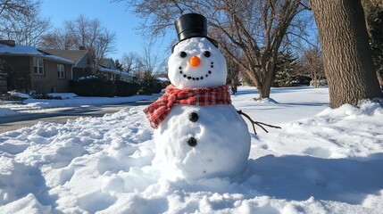 Obraz premium Charming Snowman in Winter Wonderland - Festive snowman, winter scene, snow, hat, scarf, cheerful