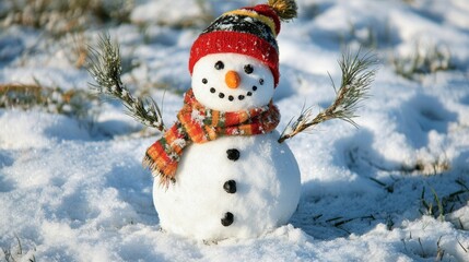 Obraz premium Charming Snowman in Winter Wonderland - Adorable snowman, winter snow, festive hat, joyful, holiday spirit.