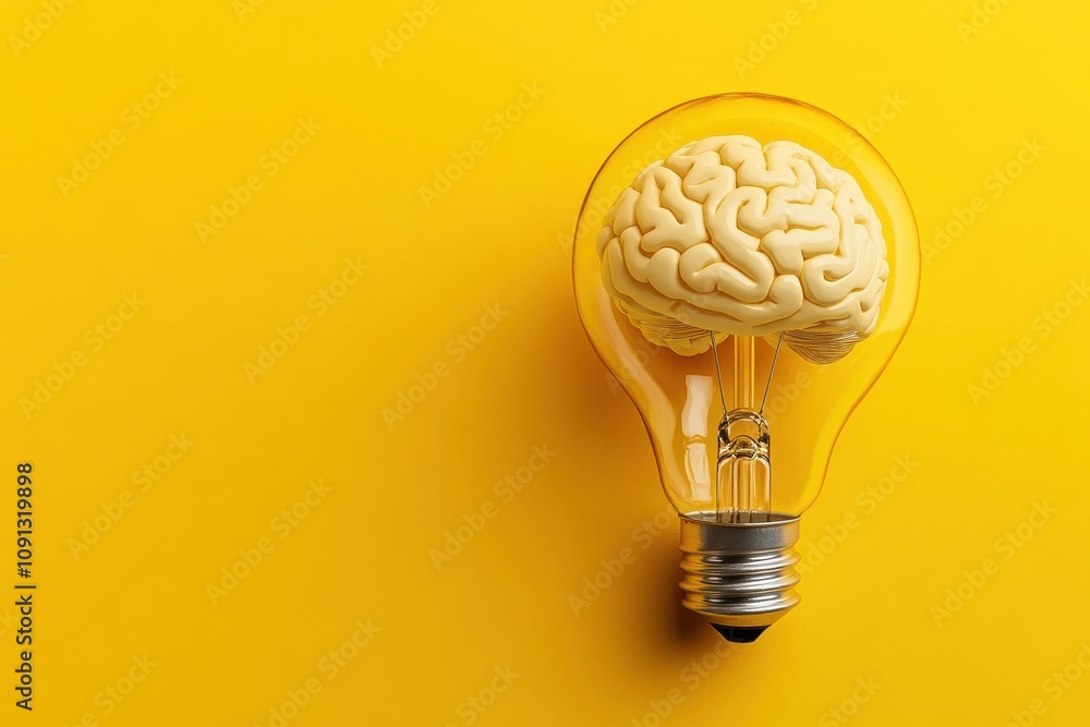 Poster a lightbulb with the filament in the shape of a brain isolated in yellow background