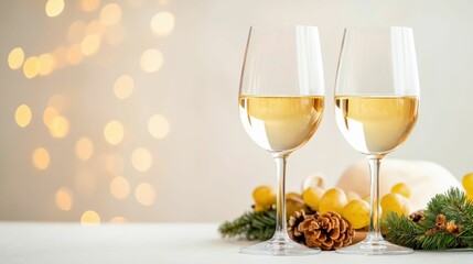 Two wine glasses are on a table with a bunch of pine cones and grapes
