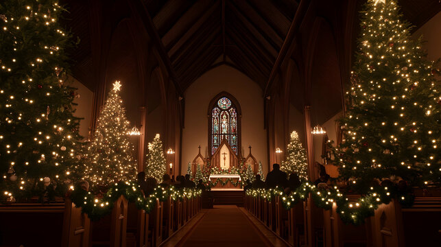 Church interior at Christmas with decorated pews, Christmas trees, and warm lighting