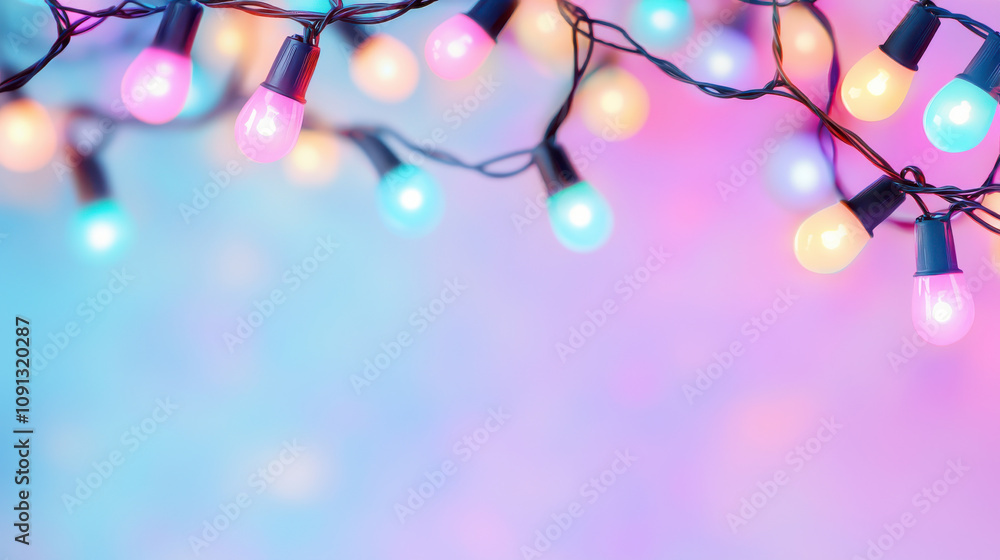 Poster colorful string lights create vibrant atmosphere with pastel bokeh effects, enhancing any festive se