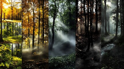 Obraz premium Forest Landscapes: Sunlight and Fog, Nature's Mystique