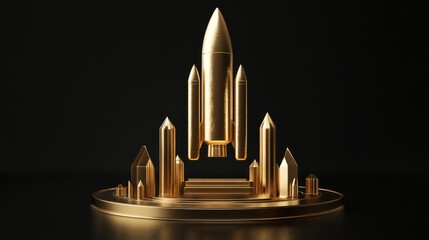 Obraz premium Golden rocket monument on a podium surrounded by tower-like structures, symbolizing innovation, entrepreneurship, and business startups.
