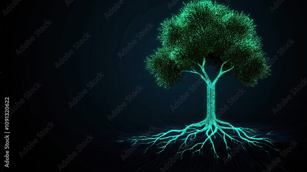 Poster glowing digital tree with vibrant roots and branches, symbolizing growth and connection in dark back