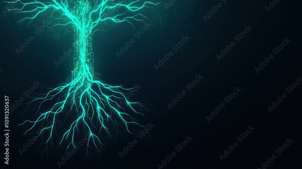 Poster glowing digital tree with vibrant roots and branches, symbolizing growth and connection in dark back