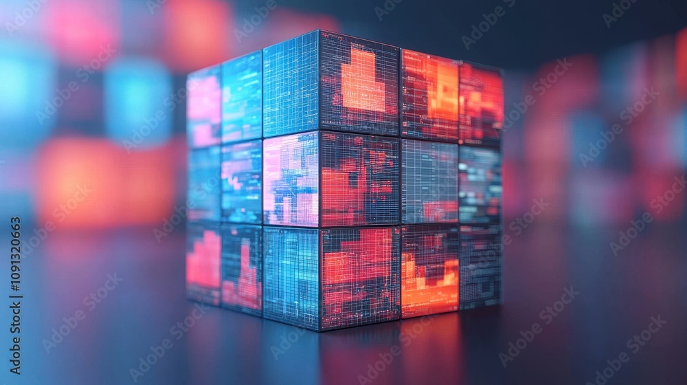Poster a vibrant, illuminated cube made of digital panels, showcasing abstract data patterns in blue and re