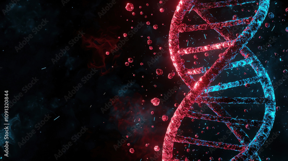 Poster futuristic dna hologram with glowing particles in red and blue colors, set against dark background, 