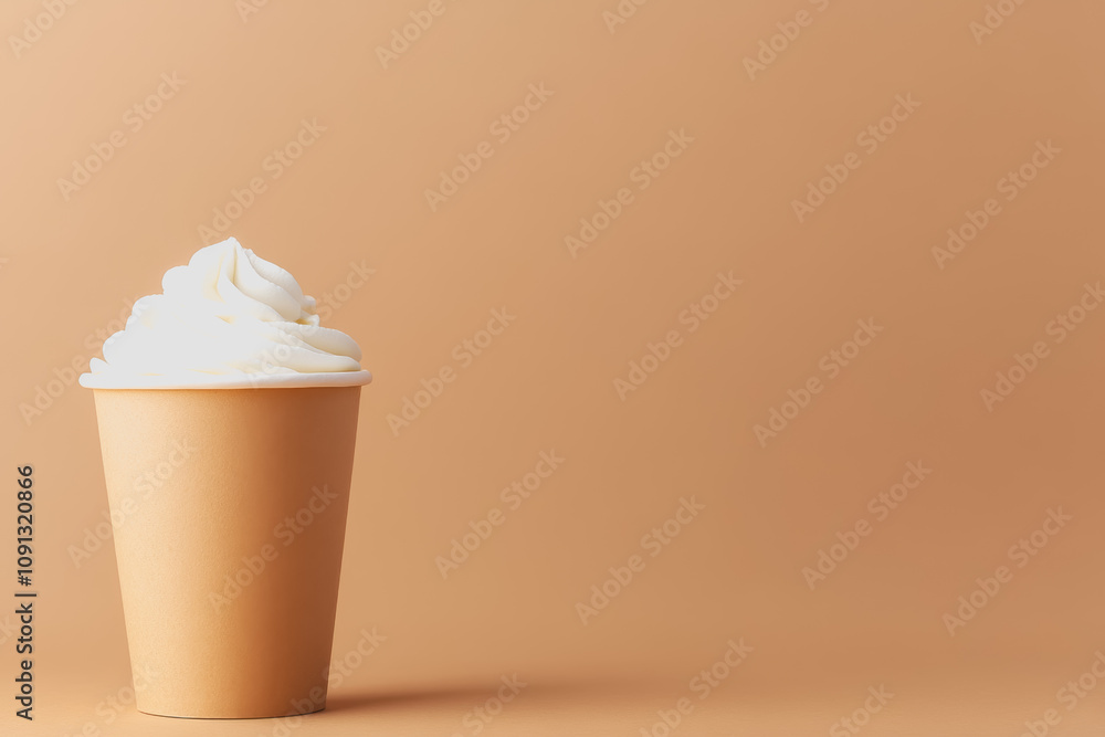 Poster delightful latte in a plain brown paper cup topped with whipped cream on a bright light background f