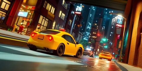 A vibrant city scene featuring yellow taxis on a busy urban street at night.