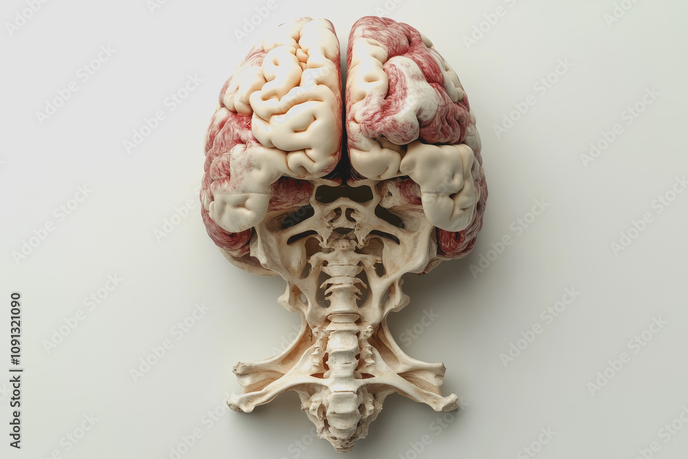 Poster Realistic of a Brain Skeleton Model for Educational and Medical Use, Featuring Intricate Details of Neural Structures and Spinal Connections