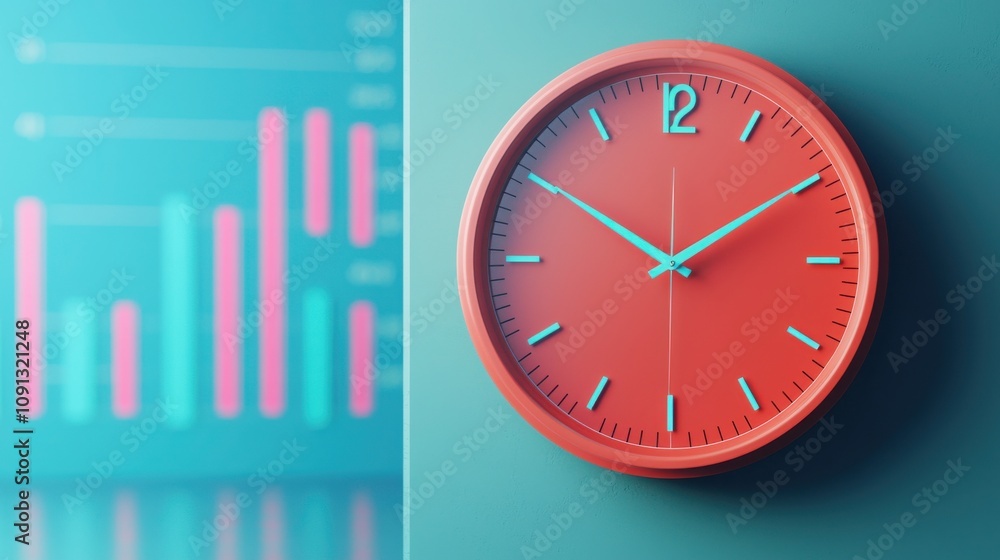Aufkleber a vibrant red clock against a teal background, juxtaposed with colorful bar graphs, symbolizing time