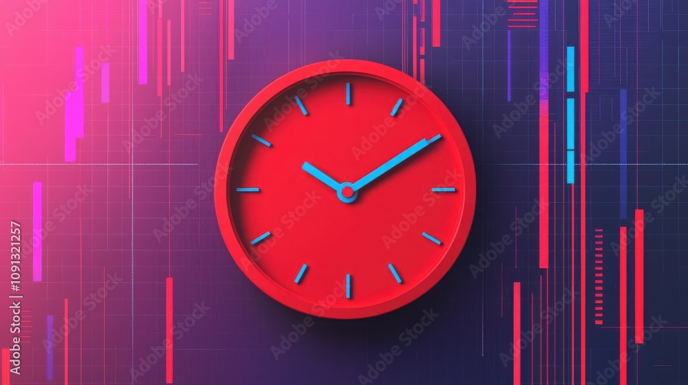 Poster a vibrant red clock against a digital backdrop, symbolizing time and technology with abstract lines 