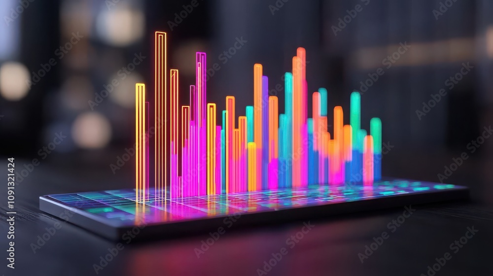 Poster a vibrant, colorful 3d bar graph displayed on a device, showcasing data visualization with neon lumi