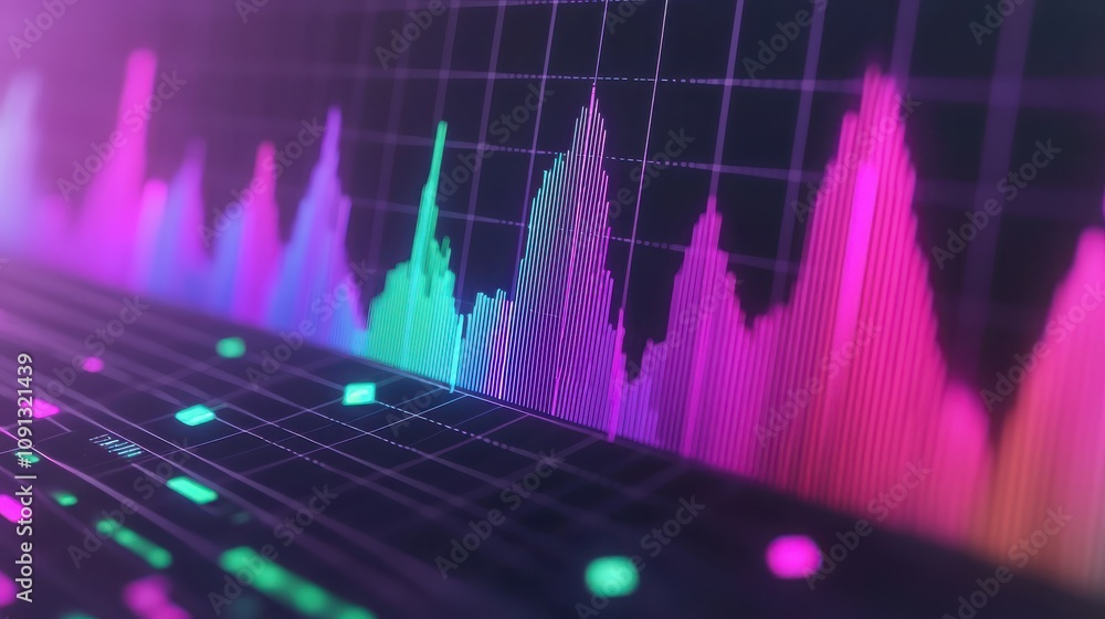 Poster a vibrant digital representation of audio waveforms, showcasing colorful peaks and valleys on a grid