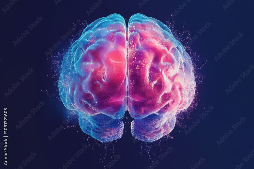 Poster realistic of a colorful human brain on dark background, showcasing neural connections and creative c