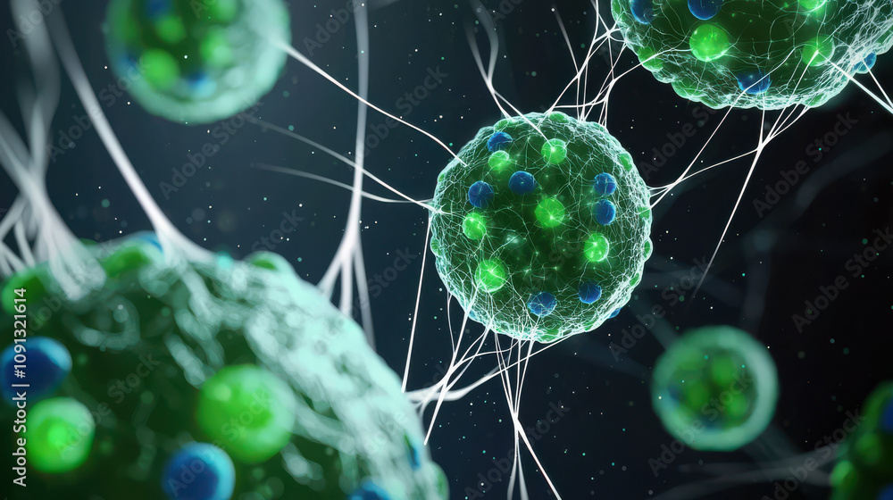 Poster abstract view of cell structure with glowing green and blue cells, showcasing intricate details and 